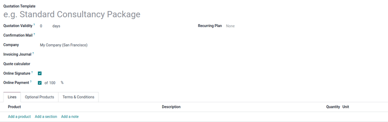 Új árajánlat sablon létrehozása az Odoo Értékesítés alkalmazásban.