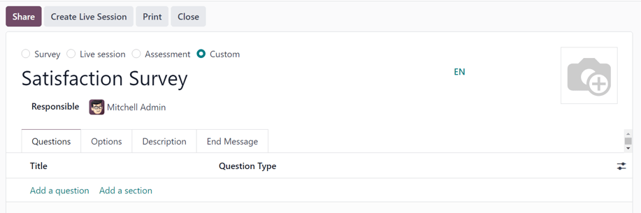 Hogyan néz ki egy üres kérdőív űrlap az Odoo Kérdőívek alkalmazásban.