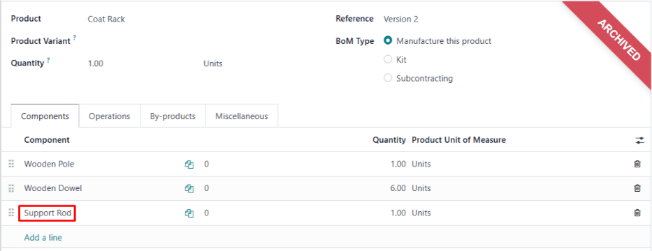 A kabáttartó BoM-ja, frissítve egy extra alkatrész és művelet hozzáadásával.