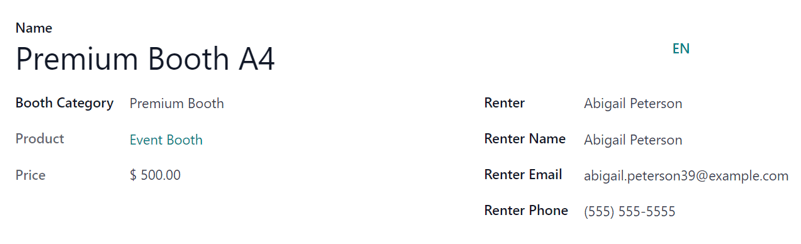 Tipikus stand űrlap az Odoo Események alkalmazásban.