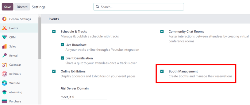 Az Odoo Események alkalmazásban található Standkezelés beállítás.