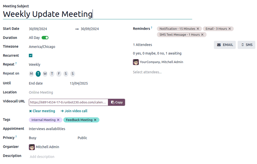 Az új naptáresemény teljes eseményűrlapja.