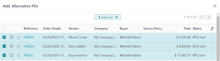Felugró ablak új árajánlat meglévő RFQ-khoz való kapcsolásához.
