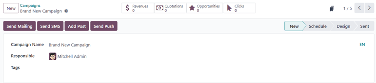 A kampány űrlap nézete az Odoo Email Marketingben.