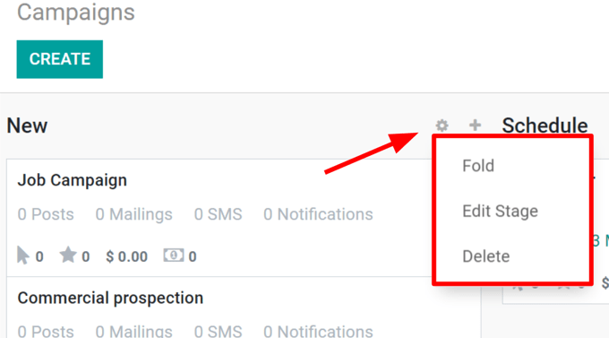 A kampányok oldalának nézete az Odoo Social Marketing alkalmazásban.