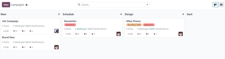 Az Odoo Email Marketing kampány oldalának nézete.