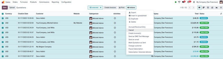 Az Árajánlatok törlése opció a Műveletek legördülő menüben az Odoo Értékesítés alkalmazásban.