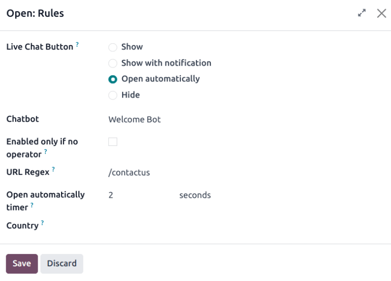 A csatorna szabályainak nézete, kiemelve a chatbot mezőt.