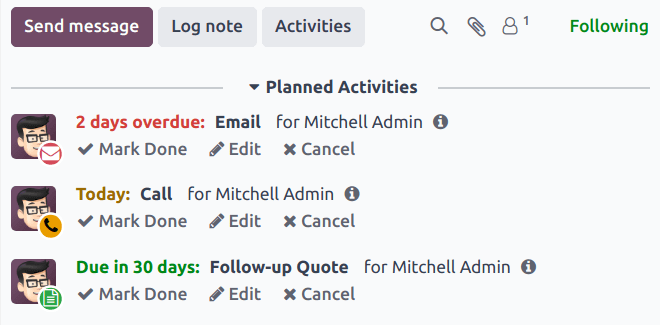 Egy csevegőszál tervezett tevékenységekkel, amelyek különböző határidőkkel rendelkeznek.