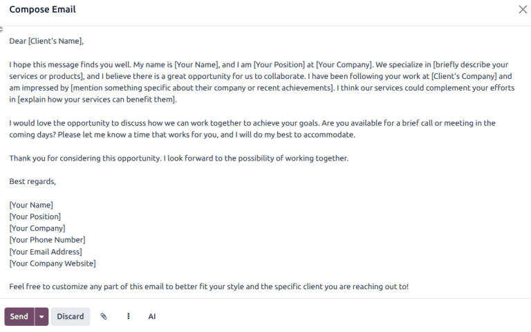 Egy e-mail piszkozata, amelyet mesterséges intelligencia által generált szöveg tartalmaz.