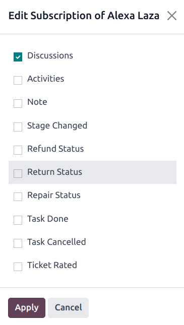 Az Előfizetés szerkesztése ablak egy Helpdesk jegyen.
