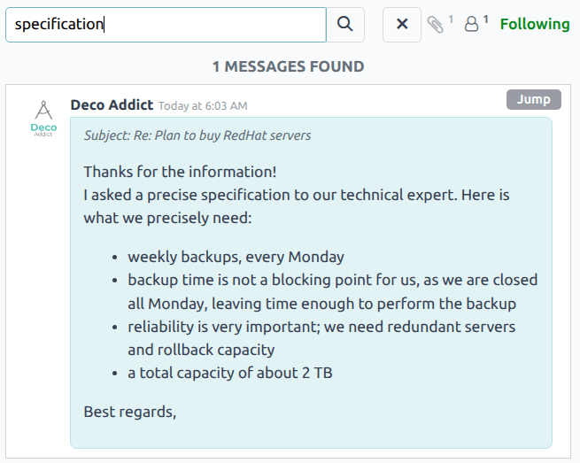 Keresési eredmények egy csevegési szálban, kiemelve a keresési ikont és az ugrás gombot.