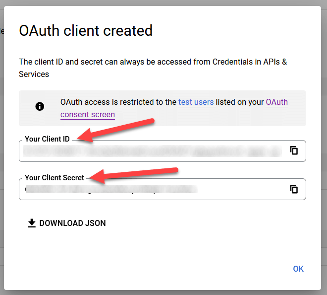 Kliensazonosító és Kliens titok a Google OAuth-hoz.