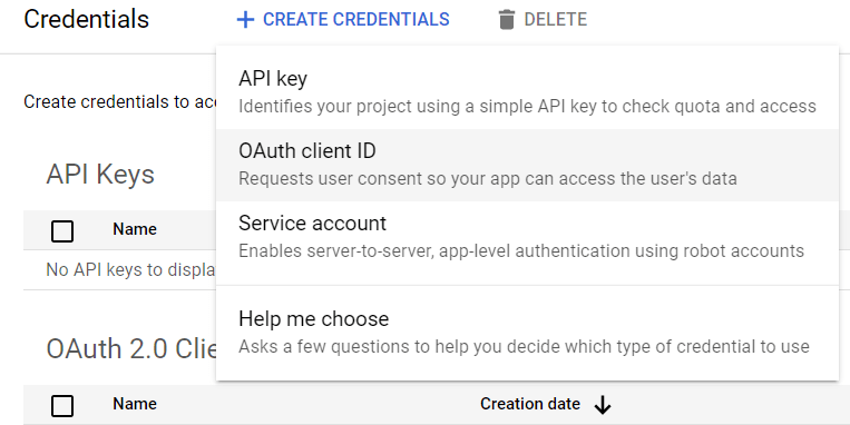 OAuth client id kiválasztása.