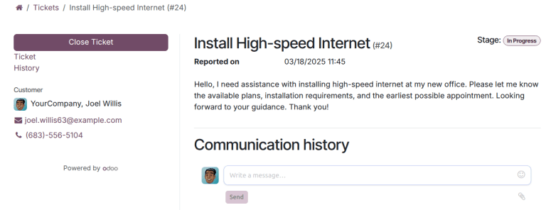 Ügyfél nézete a jegy lezárásáról az Odoo Helpdeskben.