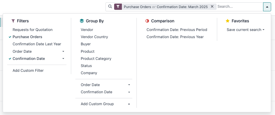 A termelési elemzés jelentés keresősávja.