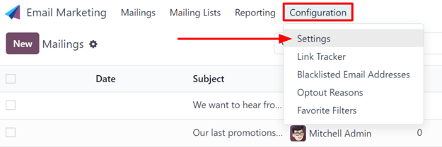 A Konfiguráció menü nézete a Beállítások oldallal az Odoo Email Marketing alkalmazásban.