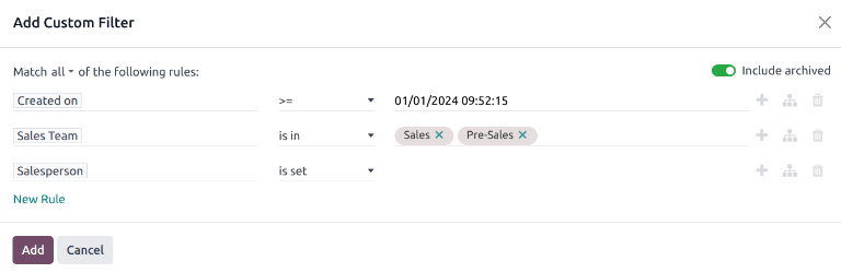 Egy példa az Egyéni szűrő felugró ablakra, amelyben az összes szabály be van állítva.