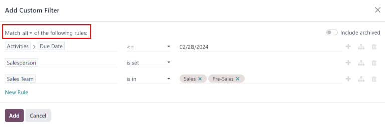 Egy példa az Egyéni szűrő felugró ablakra, amelyben az összes szabály be van állítva.