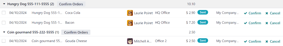 A Mai rendelések irányítópult, a rendelés megerősítésének két különböző módjával kiemelve.