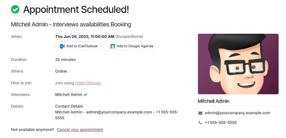 A megerősítő oldal az interjú összes részletével megjelenítve.