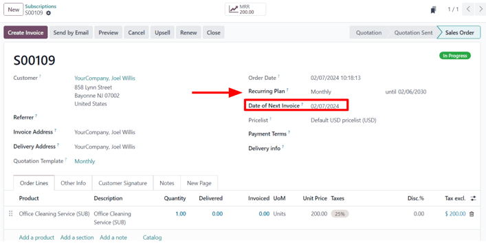 Egy megerősített előfizetési értékesítési rendelés az Odoo Előfizetések alkalmazásban.
