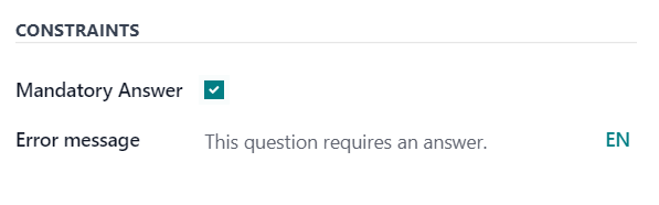 A Korlátozások szekció az opciók fülön az Odoo Kérdőívekben.
