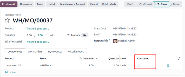 Mutasson egy gyártási rendelést, kiemelve a *Felhasznált* mezőt.