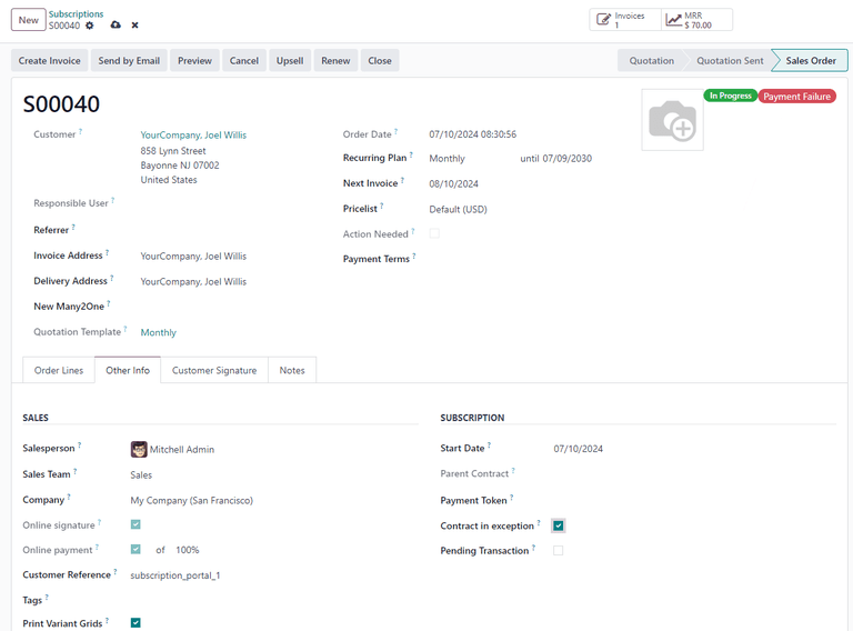 A szerződés kivétel opció kiválasztva a fizetési hiba címkével megjelenítve.