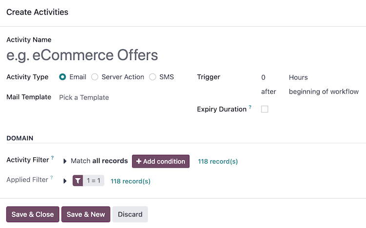 A tevékenységek létrehozása felugró ablak.