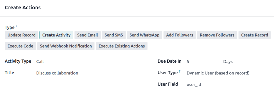 Example of a Create Activity action