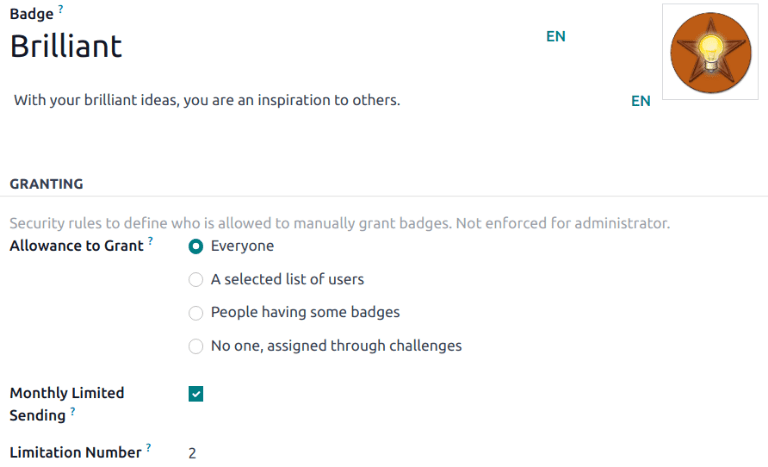 Az új jelvény részletező oldala.