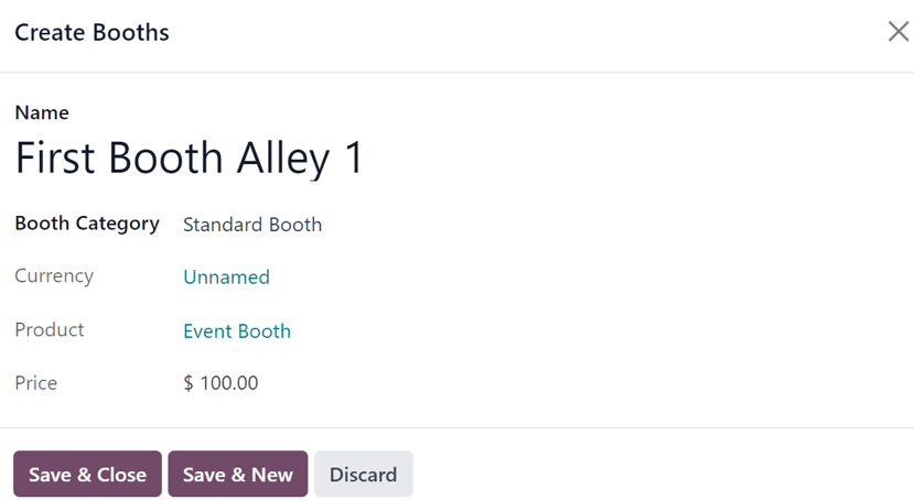 Egy Create Booths felugró ablak az Odoo Events alkalmazásban.