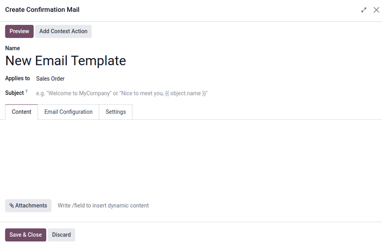 Megerősítő e-mail felugró ablak létrehozása az ajánlat sablon űrlapjáról az Odoo Értékesítés modulban.