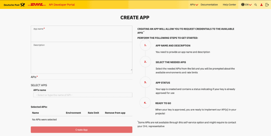 DHL fiók létrehozásának beállítása.