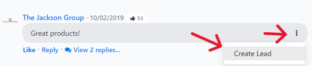 A hozzászólás melletti legördülő menü, amely felfedi az értékesítési lehetőség létrehozásának lehetőségét.