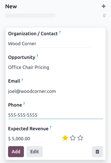 A CRM értékesítési csatorna egy újonnan létrehozott lehetőséggel.