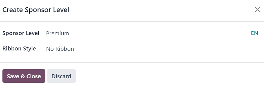 A Create Sponsor Level felugró ablak, amely az Odoo Events alkalmazásban jelenik meg.