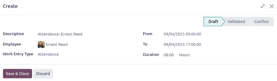 A munka bejegyzés létrehozási űrlap kitöltése az Odoo-ban.