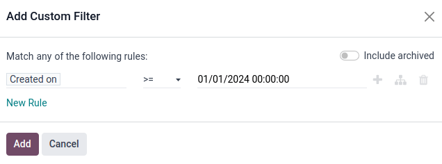 Adjon hozzá egy Létrehozva szabályt az év elejétől kezdődően.
