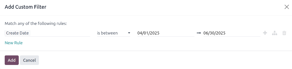 A Custom Filter felugró ablak a beállított paraméterekkel.