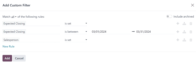 Egyéni szűrők hozzáadása felugró ablak az elvárt bevétel jelentéshez konfigurált egyéni szűrőkkel.