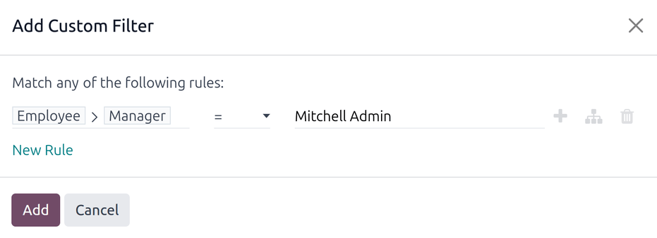 Egy egyéni szűrő, amely csak a felhasználó alkalmazottait mutatja.