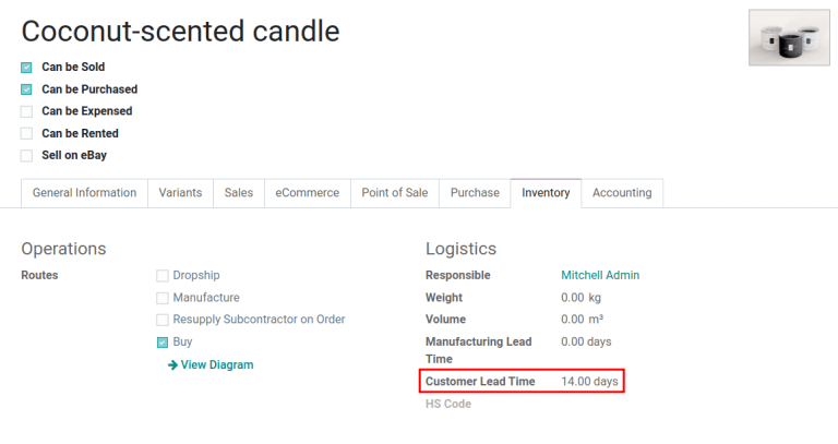 Állítsa be a *Customer Lead Time*-t a termék űrlapon.