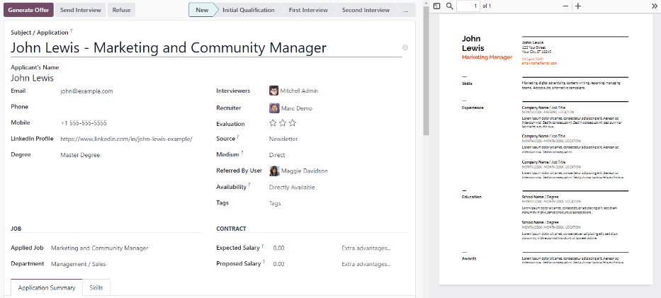 Az önéletrajz a jelentkező kártyáján, a jobb oldalon megjelenve.