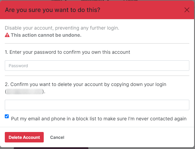 A Fiók Törlése gombra kattintva egy ablak jelenik meg, amely ellenőrzi a változtatást.