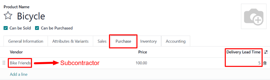 Az alvállalkozó szállítási átfutási ideje mező, a termék oldalának Purchase fülén.