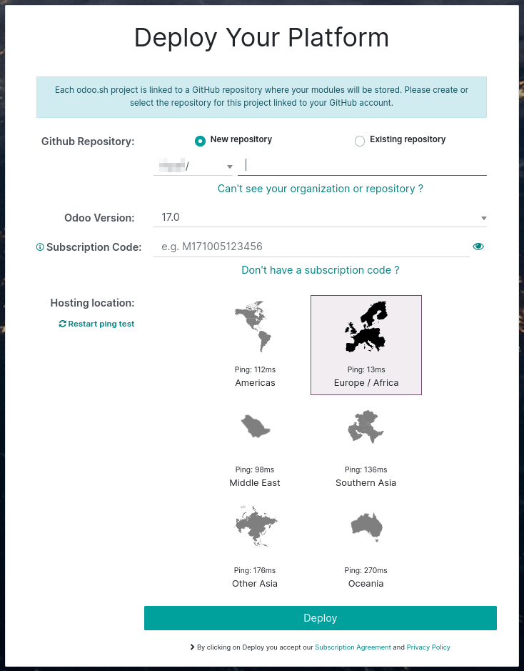 A platform telepítési űrlapja