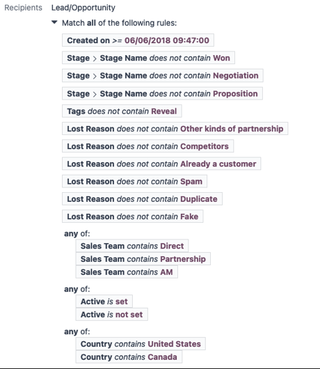 Nézet arról, hogyan lehet testre szabni a címzett szűrőket az Odoo Email Marketingben.