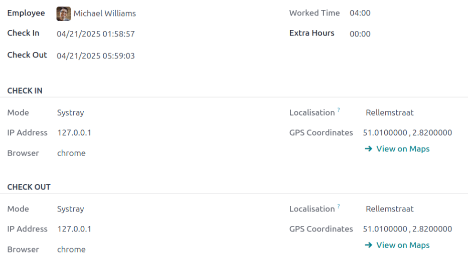 A jelenléti bejegyzés részletes információi.